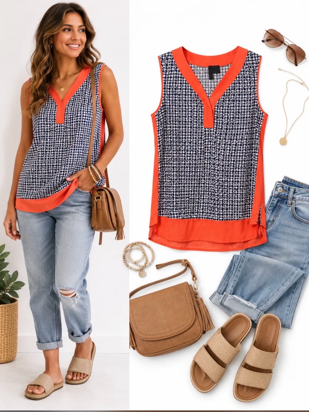 New Directions Blue-and-White Geometric Sleeveless Tank with Orange Trim